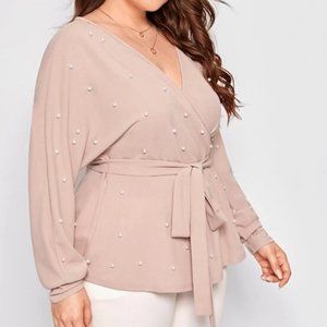 SHEIN Plus Surplice Neck Dolman Sleeve Pearls Beaded Belted Top